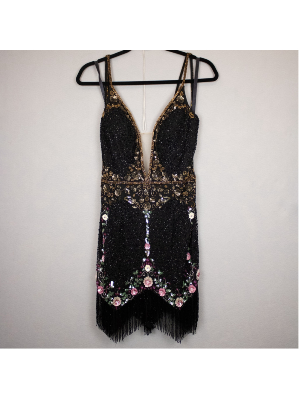 Camille La Vie black beaded fringe cocktail mini dress-6